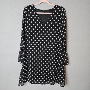 Cupio Dress Womens Medium‎ Black White Polka Dot Long Sleeve Sheer A-Line Chic